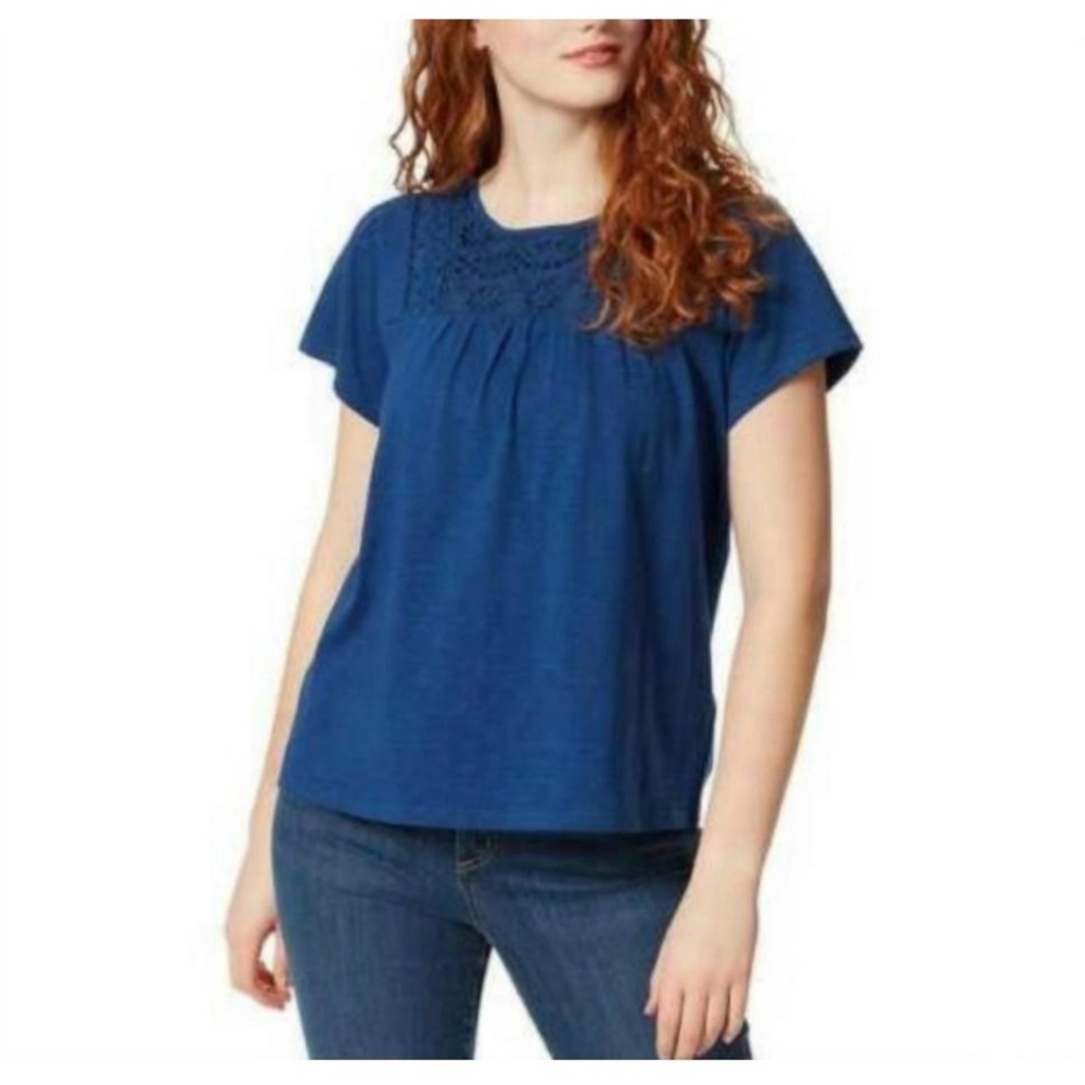 Ella Moss Women's Short Sleeve Embroider Soft Eyelet Shirt, Estate Blue L